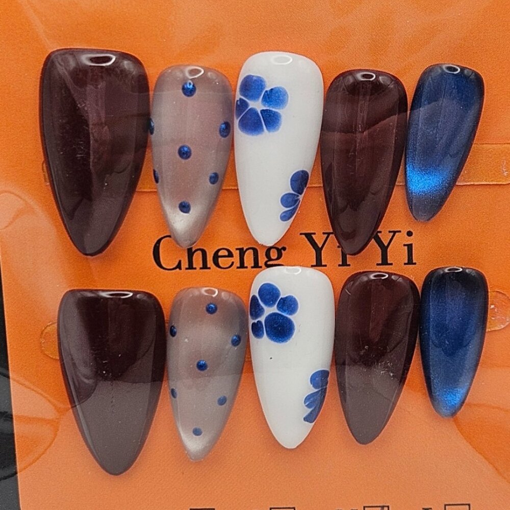 Press On Nails- Floral/Polka Dot Design in Burgundy Navy / Size Medium (10 pack)
